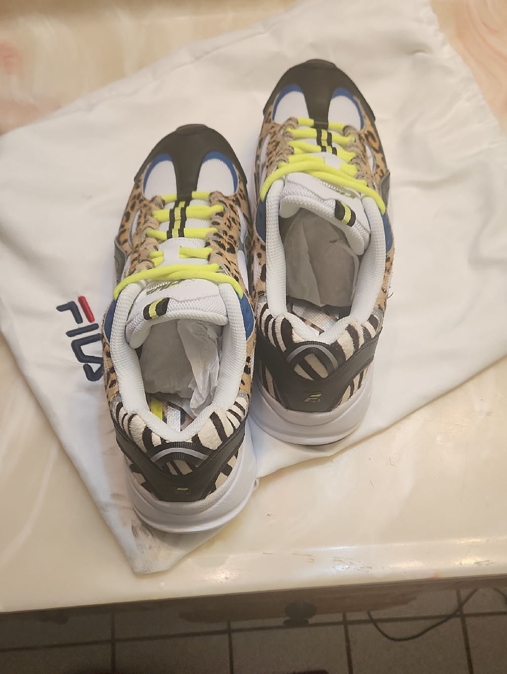 Fila Leopard Print Athletic Sneakers with Black, White, Blue & Neon Yellow